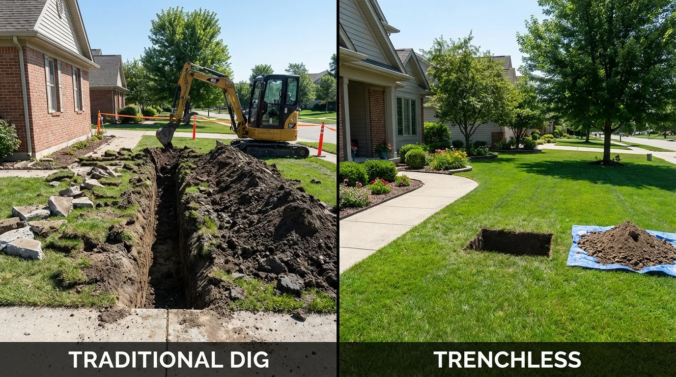 Trenchless sewer repair with minimal yard damage versus traditional excavation in Enfield, NH