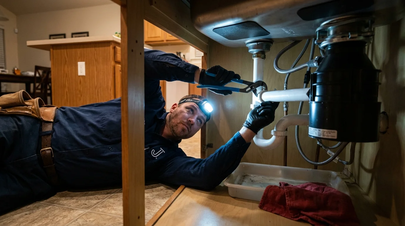 P-trap and supply line connections under a kitchen sink showing a common leak point in Enfield, NH